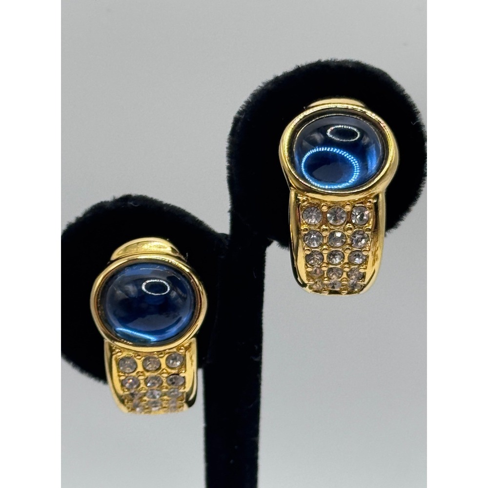 Vintage Joan Rivers Earrings Blue Cabochon Rhinestone Gold Tone Clip On